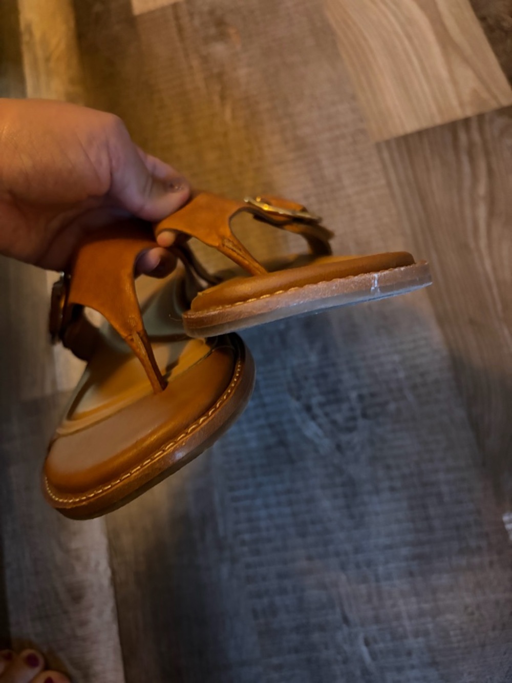 Sofft Chestnut Leather Thong Sandals with Gold Buckle - Picture 3 of 5